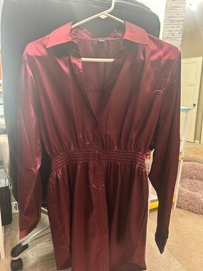 Windsor Satin Long Sleeve Shirt Dress in Deep Burgundy